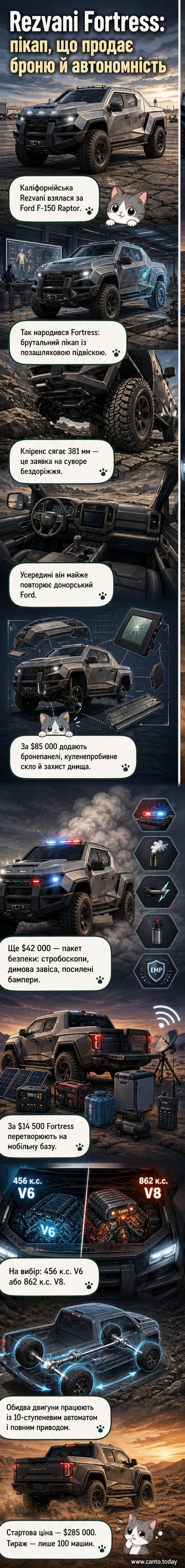 Rezvani Fortress — броньований пікап на базі Ford F-150 Raptor із піднятим кліренсом, сонячними панелями на даху та агресивним дизайном, стоїть на бездоріжжі.