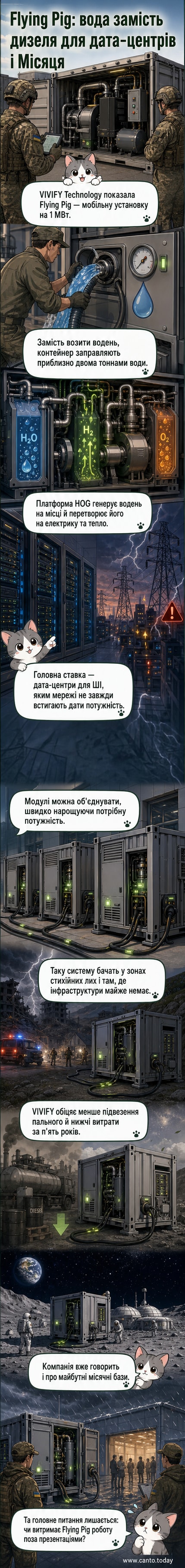 Контейнерна енергетична установка Flying Pig від VIVIFY Technology, яка виробляє електроенергію з води, зображена в розгорнутому стані на відкритому майданчику