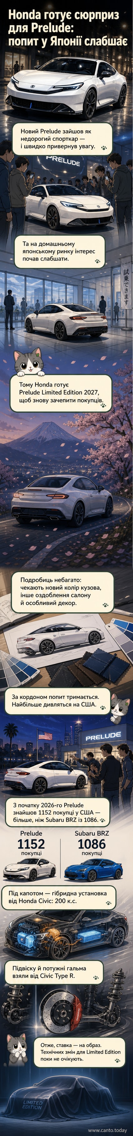 Ілюстрація обмеженої версії Honda Prelude 2027 року з унікальним кольором кузова та спортивними деталями на фоні міста.
