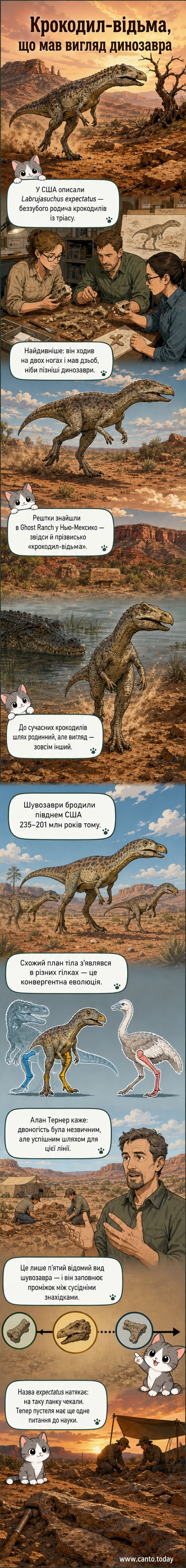 Ілюстрація Labrujasuchus expectatus — двоногого крокодилоподібного хребетного з дзьобом, що стоїть серед тріасового пейзажу.