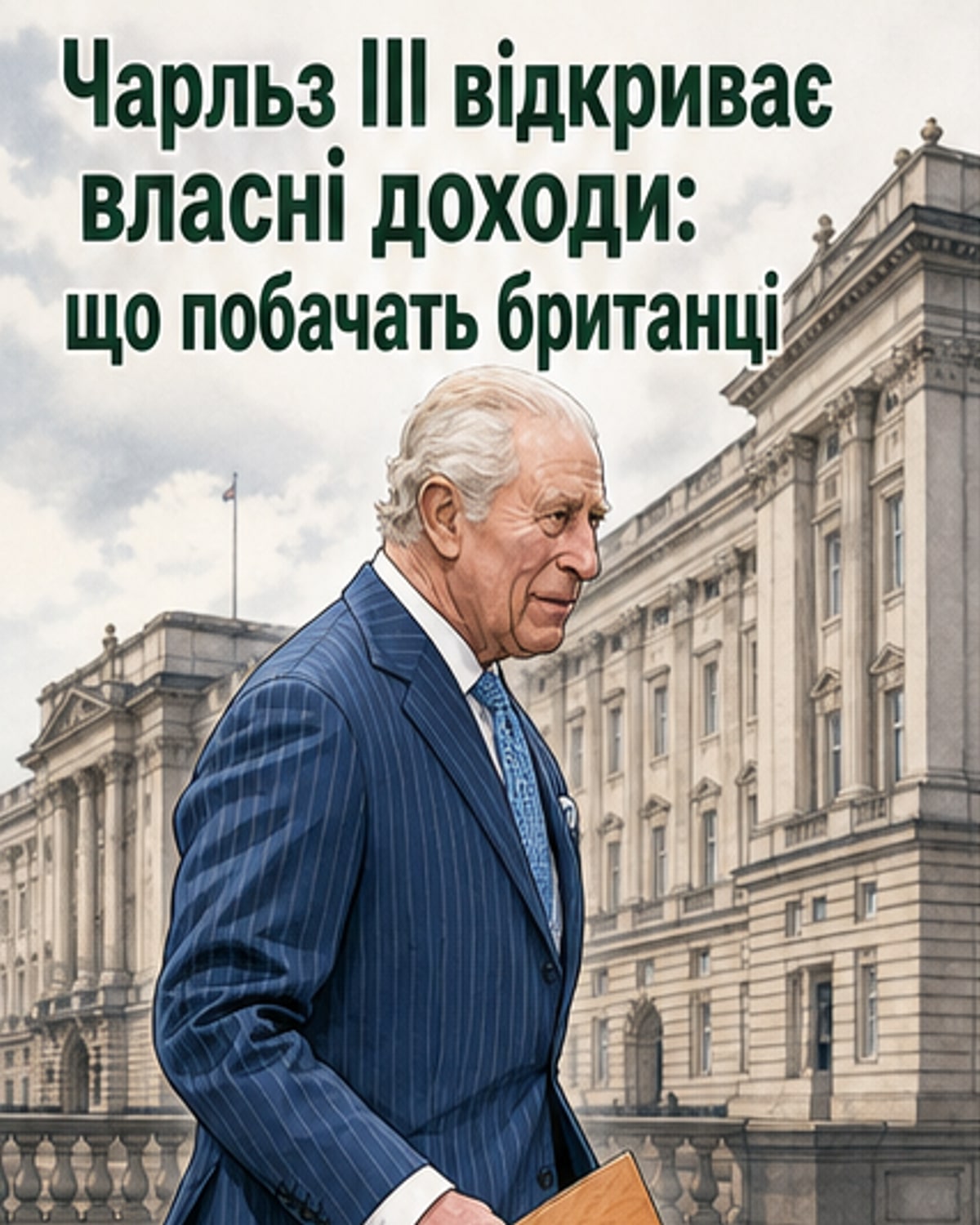 Король Чарльз III стоїть перед Букінгемським палацом, тримаючи в руках документ із символами фінансового звіту