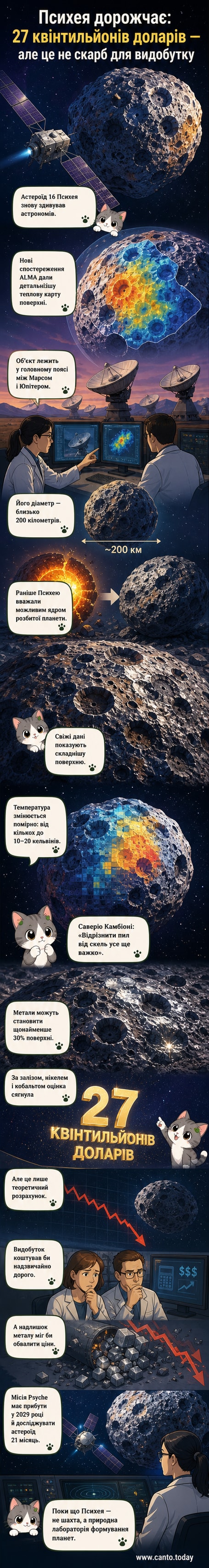 Ілюстрація астероїда Психея з металевою поверхнею, що обертається в космосі, з тепловою картою та даними про склад