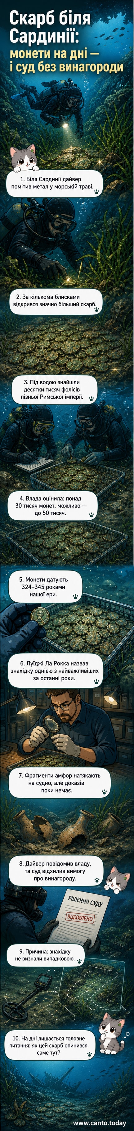 Підводний археолог обережно піднімає бронзову римську монету з морського дна біля узбережжя Сардинії, навколо — зарості морської трави.