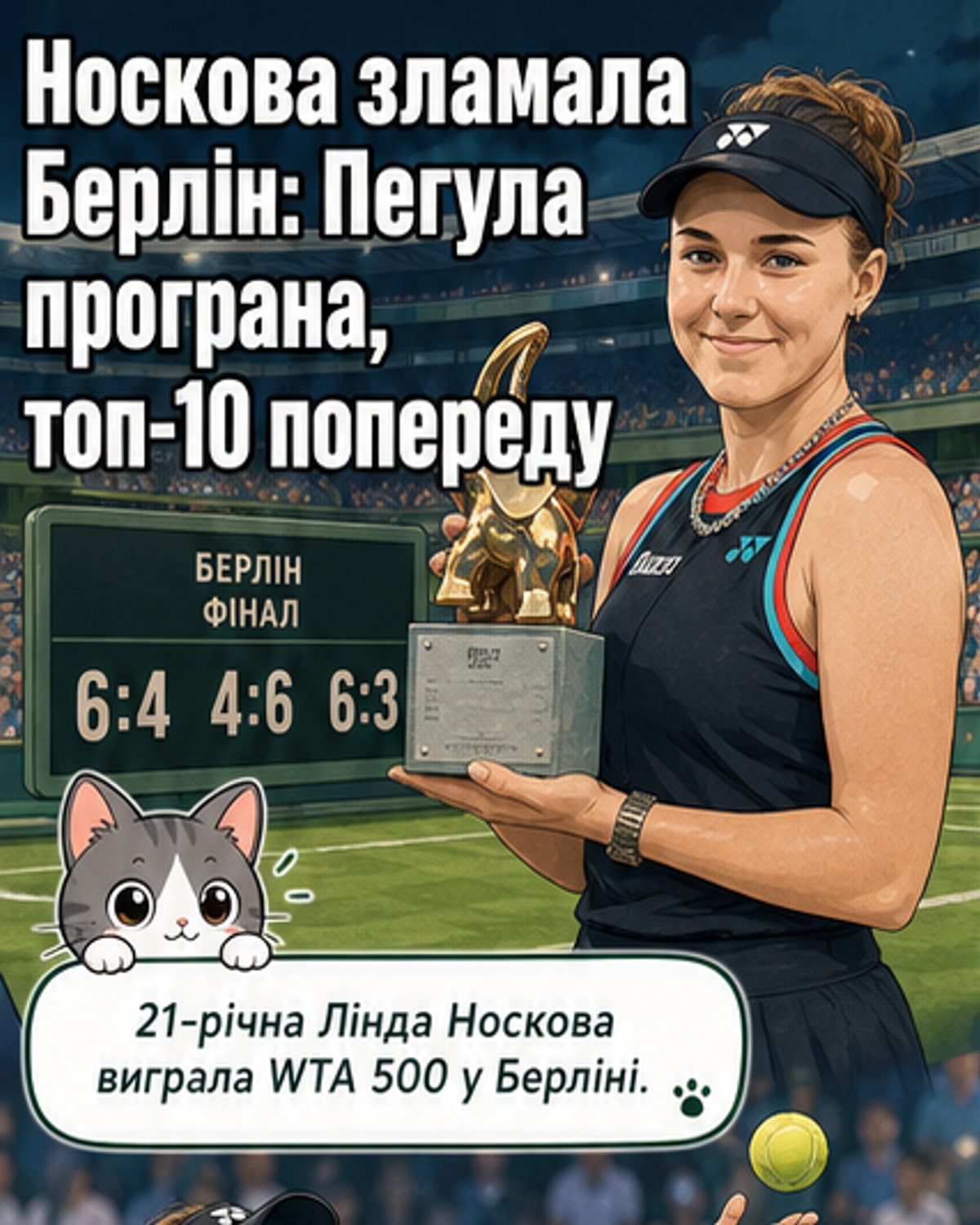 Лінда Носкова тримає кубок чемпіонки після перемоги в Берліні, тло — трав'яний корт