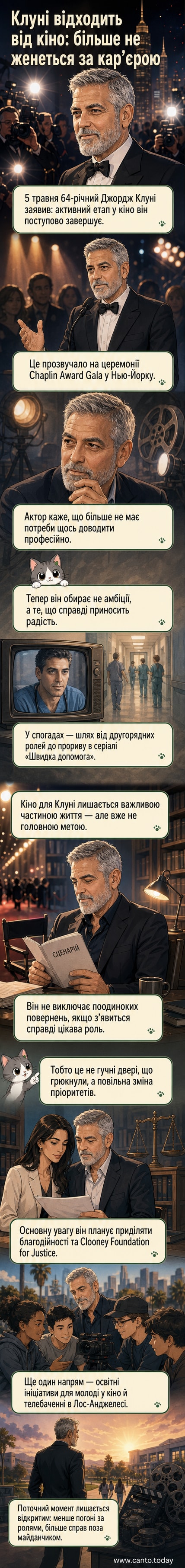 Чоловік у темному костюмі стоїть на сцені під світлом, тло — червона доріжка, навколо — публіка. Підпис: Джордж Клуні на церемонії Chaplin Award Gala.