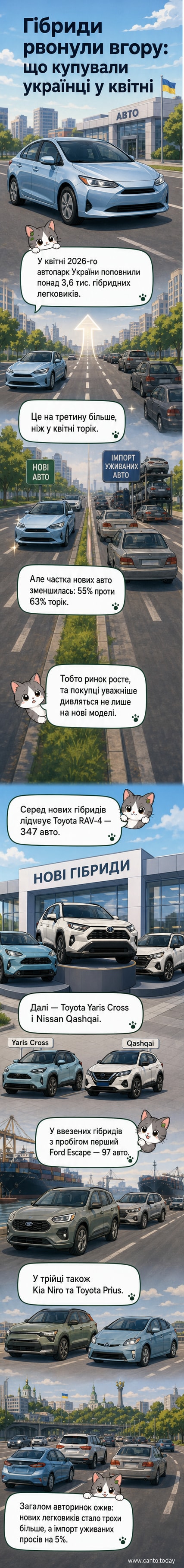 Ілюстрація: ряд гібридних автомобілів різних марок на фоні українського прапору, з графіком зростання продажів
