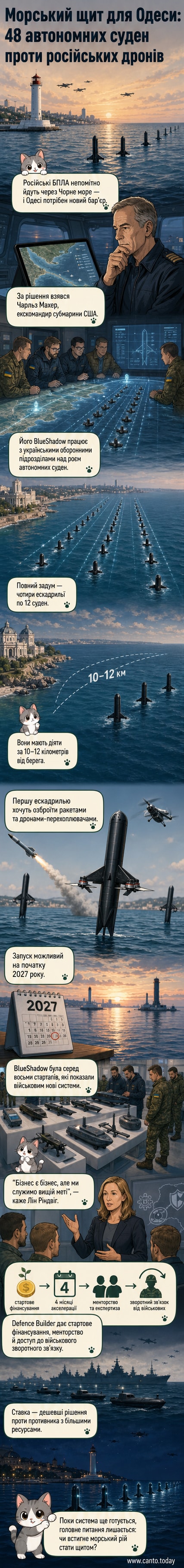 Колаж: морські дрони з ракетами рухаються біля берега Одеси, тло — Чорне море та силуети кораблів