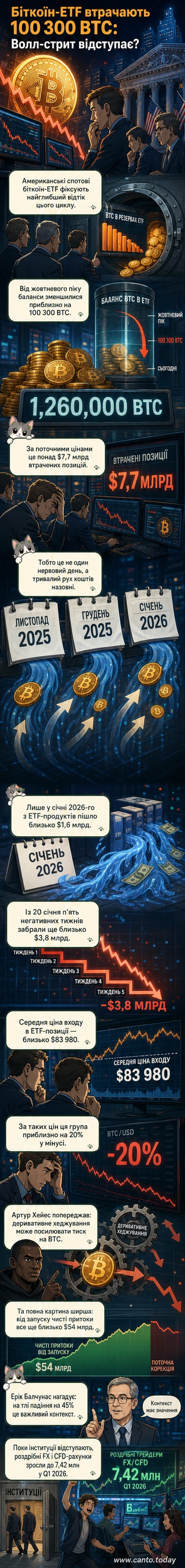 Ілюстрація: графік падіння вартості біткоїна на тлі відтоку коштів з ETF-фондів, з підписом «найгірший відтік з 2024 року»