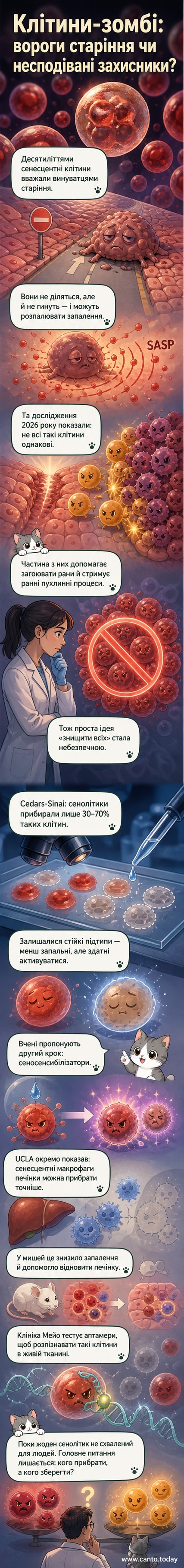 Мікроскопічний вигляд клітин з підсвіченими сенесцентними «зомбі»-клітинами на тлі імунних макрофагів і пошкодженої печінкової тканини