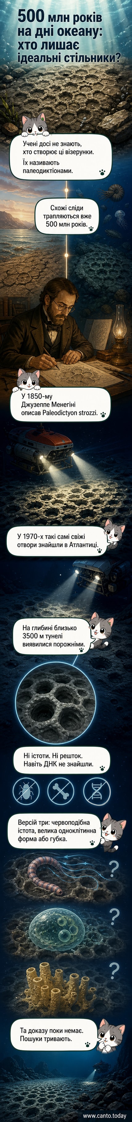Ідеальні шестикутні структури на дні океану, схожі на бджолині стільники, оточені темними водами і слабким підводним світлом