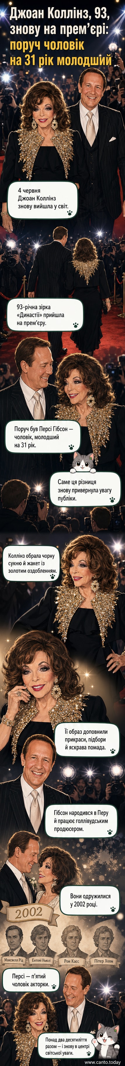 Джоан Коллінз у чорній сукні з золотистим оздобленням і Персі Гібсон у смокінгу стоять разом на червоній доріжці, посміхаються фотографам.