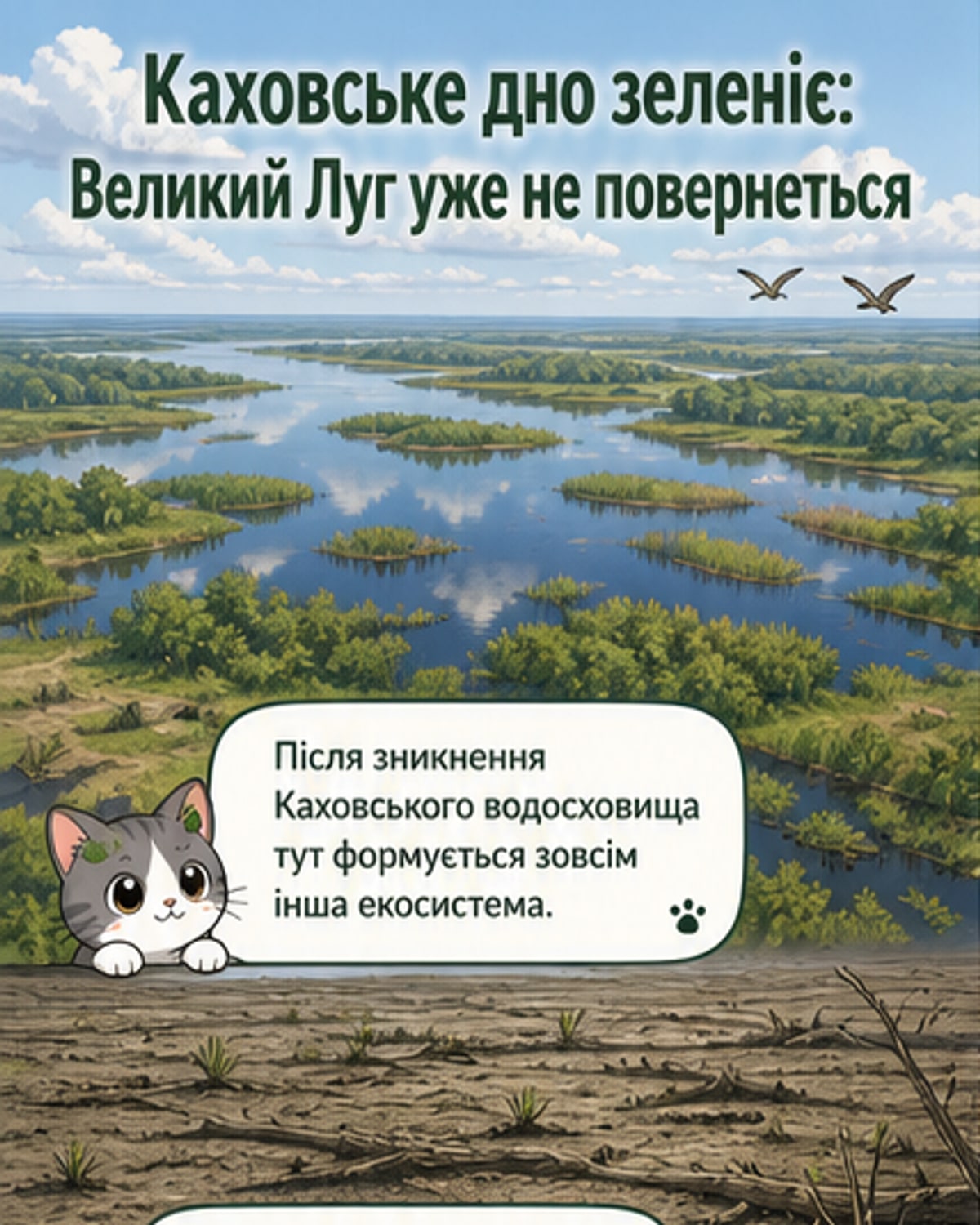 Ілюстрація: на місці колишнього Каховського водосховища росте густий ліс, на тлі — архівне фото Великого Лугу