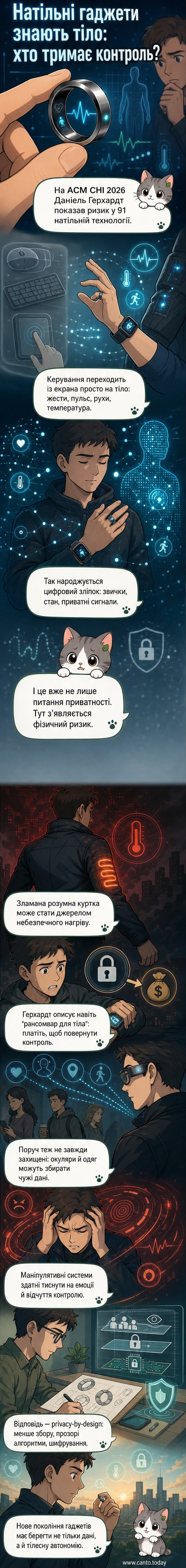 Стилізований зображення людини у розумному одязі, з підсвіченими даними про пульс і температуру тіла, тоді як хакерський інтерфейс намагається отримати доступ до її гаджетів.