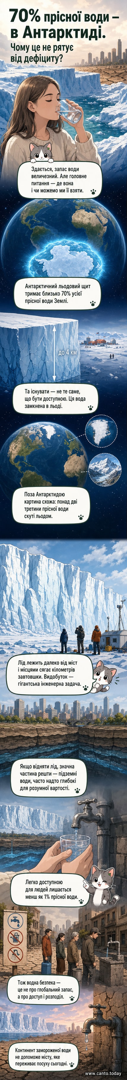 Величезний льодовий щит Антарктиди на фоні блакитного неба, що символізує масштаб запасів прісної води, які недоступні для людей