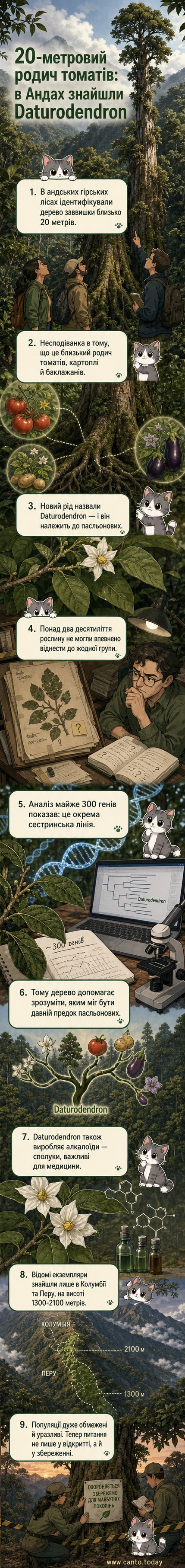 Ілюстрація 20-метрового дерева Daturodendron у гірському лісі Анд, з масштабом поруч — люди біля стовбура для порівняння розмірів.