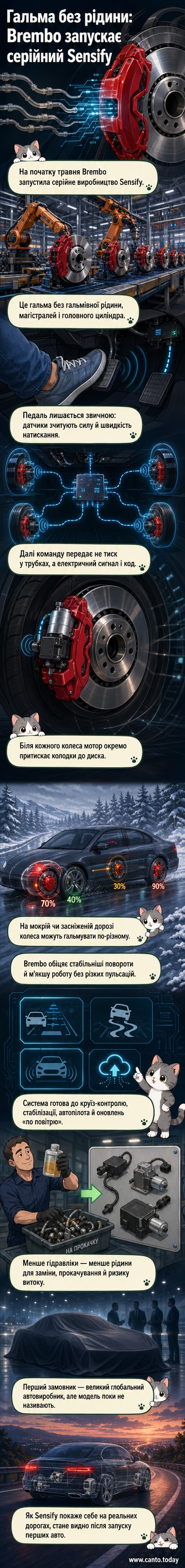 Ілюстрація: електронна гальмівна система Brembo Sensify без гідравлічних трубок, з цифровим керуванням кожним колесом