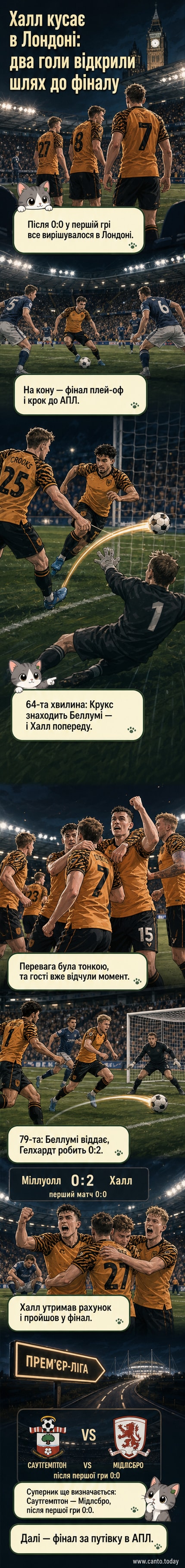 Футбольний матч у Лондоні: гравці Халл Сіті святкують гол проти Міллуолла в півфіналі плей-оф Чемпіоншипу