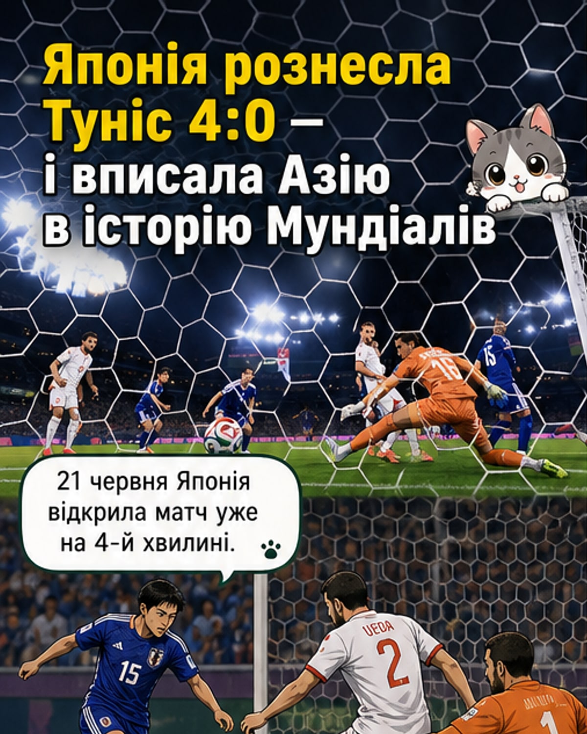 Футбольний матч між Японією та Тунісом на чемпіонаті світу-2026: гравець Японії в жовтому кільоті забиває гол під час гри проти Тунісу.