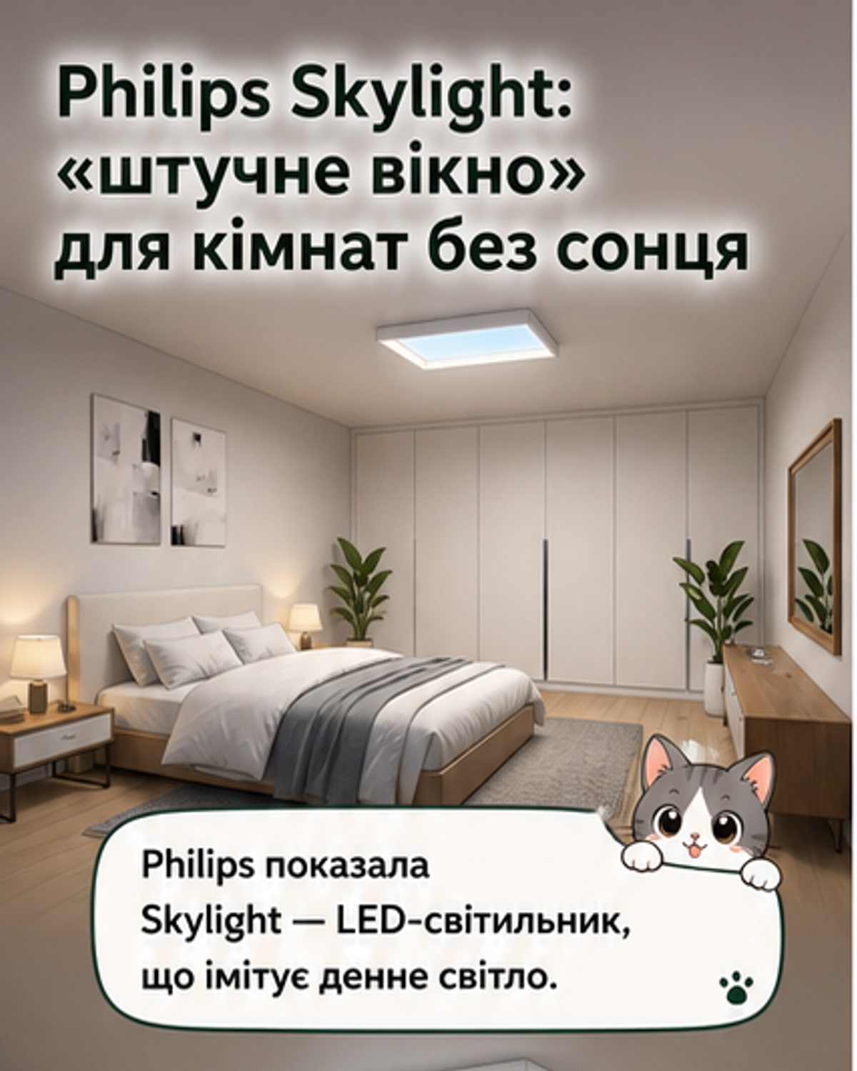 Світильник Philips Skylight на стелі, що випромінює м'яке біле світло, схоже на сонячне, що пробивається крізь штучне вікно