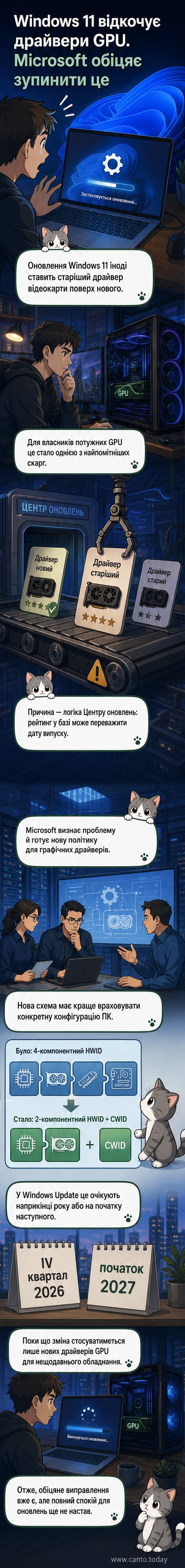 Ілюстрація: логотип Windows 11 поруч із попередженням про помилку драйвера, потім — зелена галочка оновлення з новим драйвером