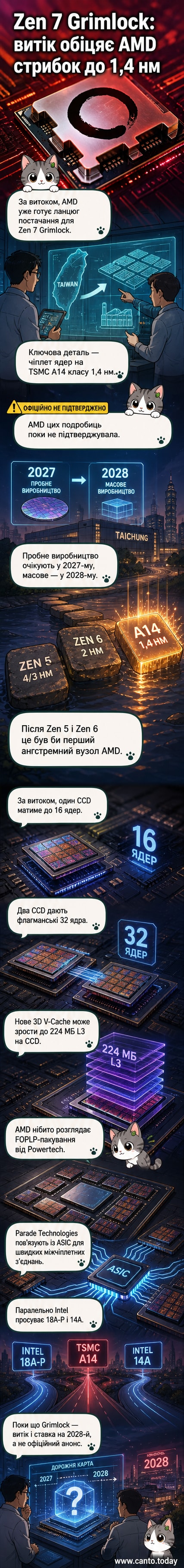 Ілюстрація майбутнього процесора AMD Zen 7 з позначенням техпроцесу 1,4 нм, 32 ядер і 3D V-Cache