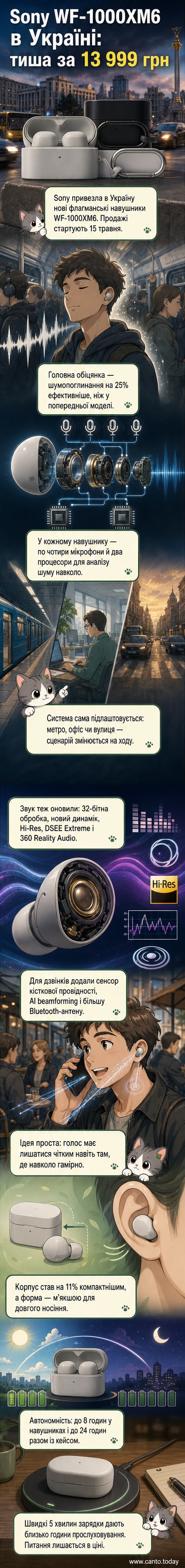 Нові бездротові навушники Sony WF-1000XM6 на фоні міського пейзажу, показано компактний дизайн та екран додатку з налаштуваннями шумопоглинання