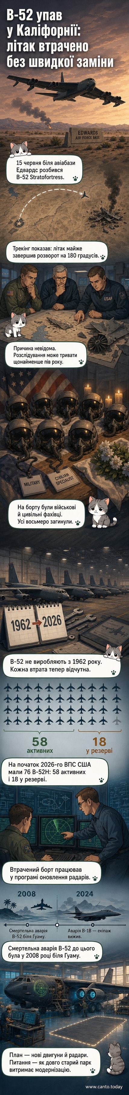 Ілюстрація розбитого бомбардувальника B-52 Stratofortress на фоні пустелі, дим над місцем падіння