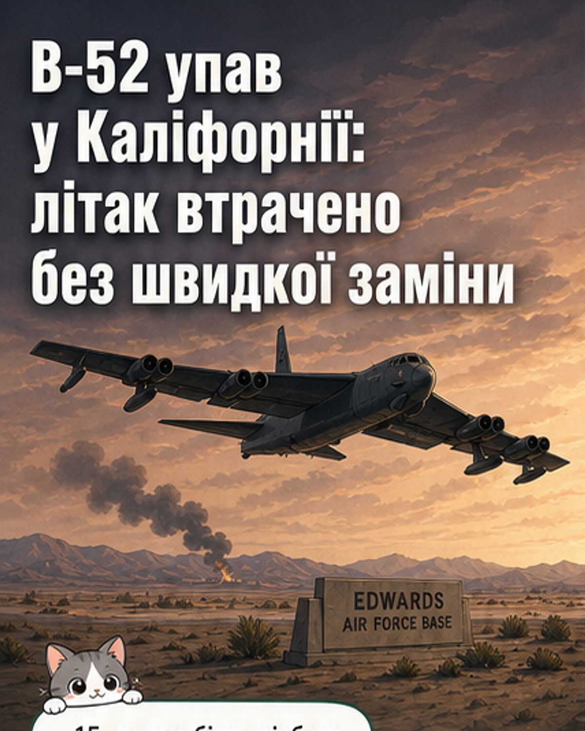 Ілюстрація розбитого бомбардувальника B-52 Stratofortress на фоні пустелі, дим над місцем падіння