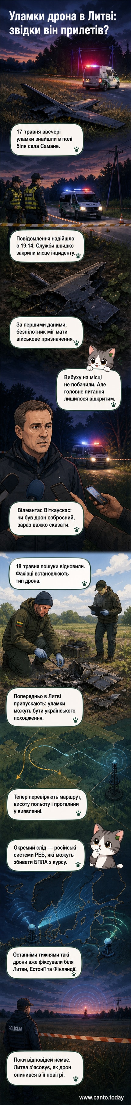 Поліція на місці падіння дрону в селі Самане, Литва. На землі видно уламки металевої конструкції.