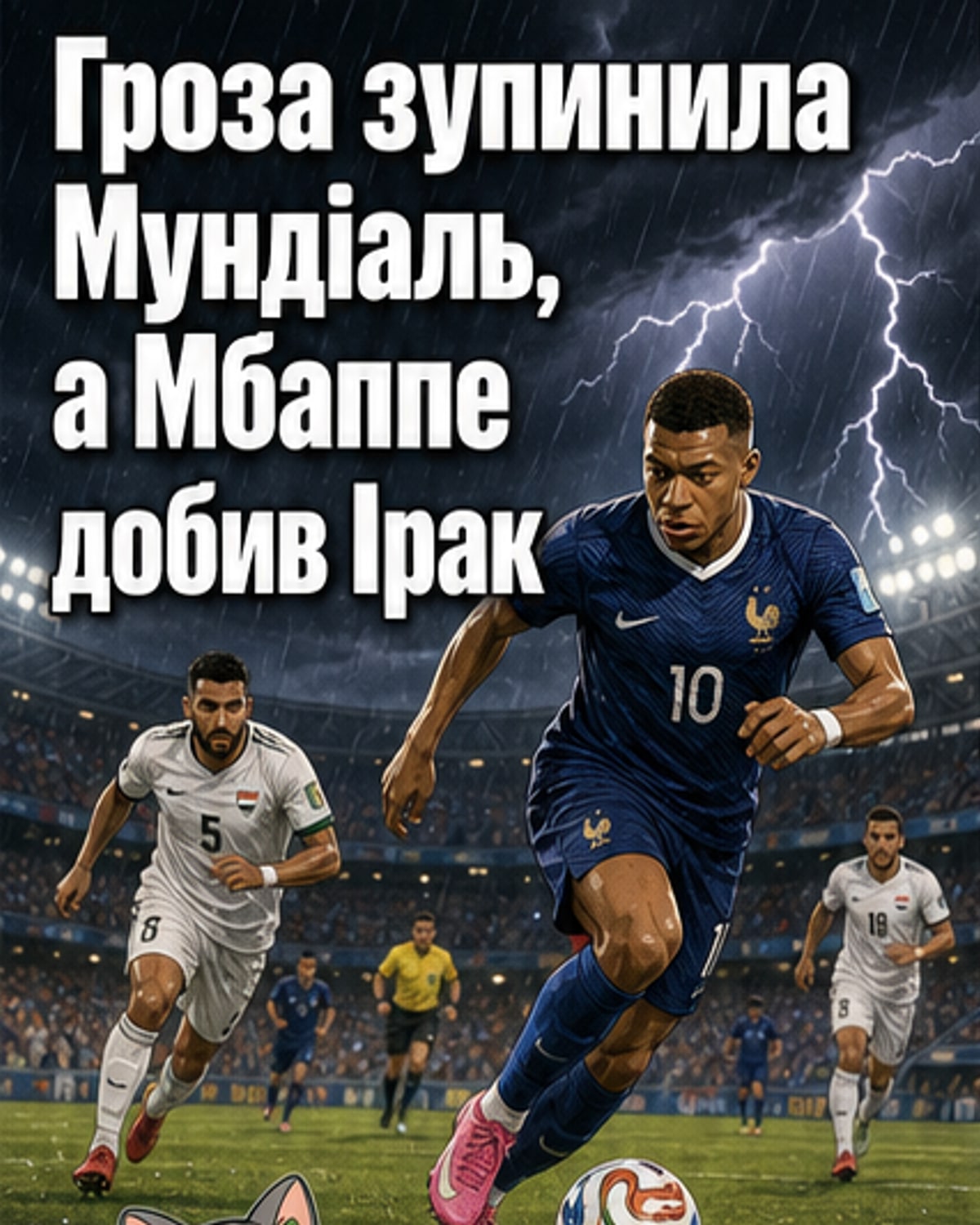 Футбольний майданчик у Філадельфії під дощем, гравці Франції чекають відновлення гри після грози, Кіліан Мбаппе стоїть із м'ячем.