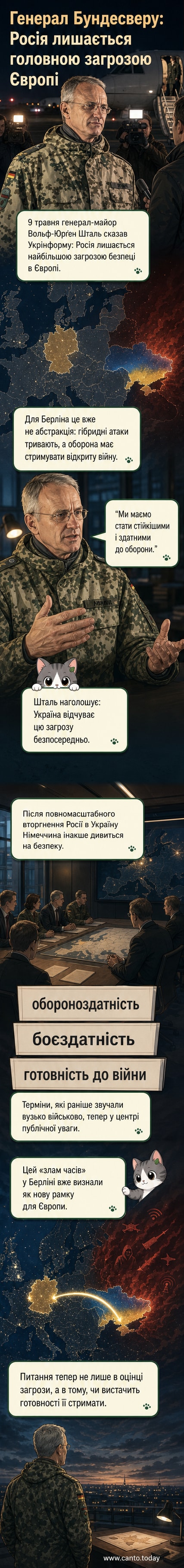 Ілюстрація: німецький генерал говорить перед картою Європи, на тлі якої видно силуети військових одиниць і символи гібридних загроз.