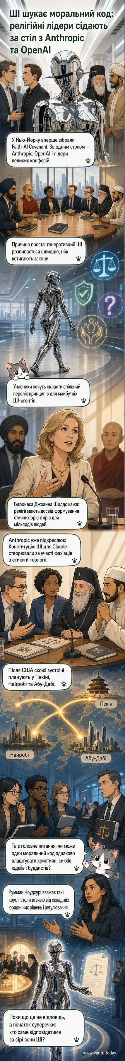 Ілюстрація: за круглим столом сидять розробники ШІ в сучасному офісі та релігійні лідери в традиційному одязі, разом обговорюючи документ з назвою «Етичні принципи для ШІ».