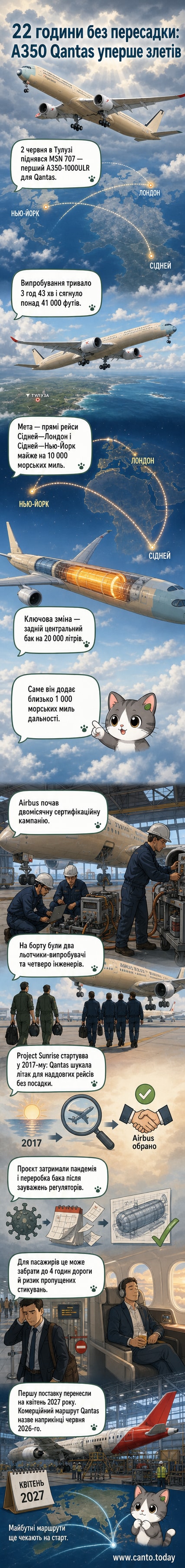 Літак Airbus A350-1000ULR під час першого випробувального польоту над Францією, з логотипом Airbus і чітко видимим додатковим паливним баком.