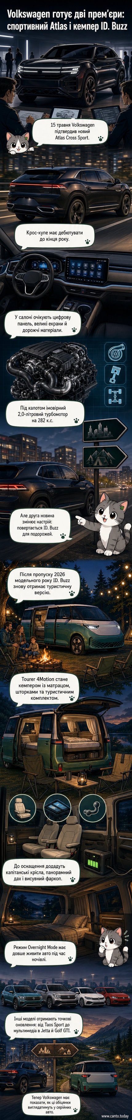 Рендер нових моделей Volkswagen: зліва — Atlas Cross Sport, справа — ID. Buzz Camper під зірковим небом