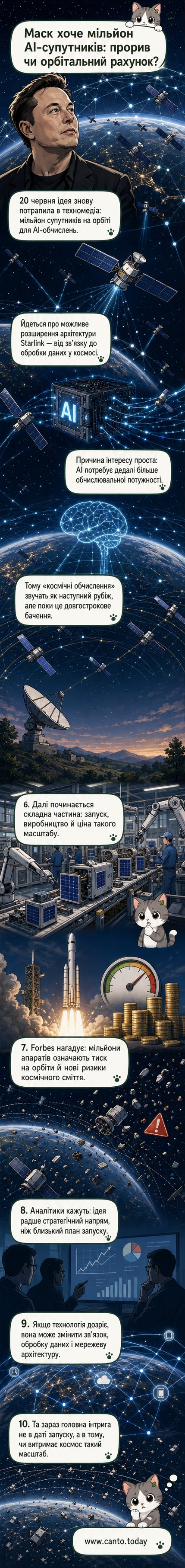 Ілюстрація: супутники з логотипом Starlink обертаються навколо Землі, кожен із них має елементи штучного інтелекту