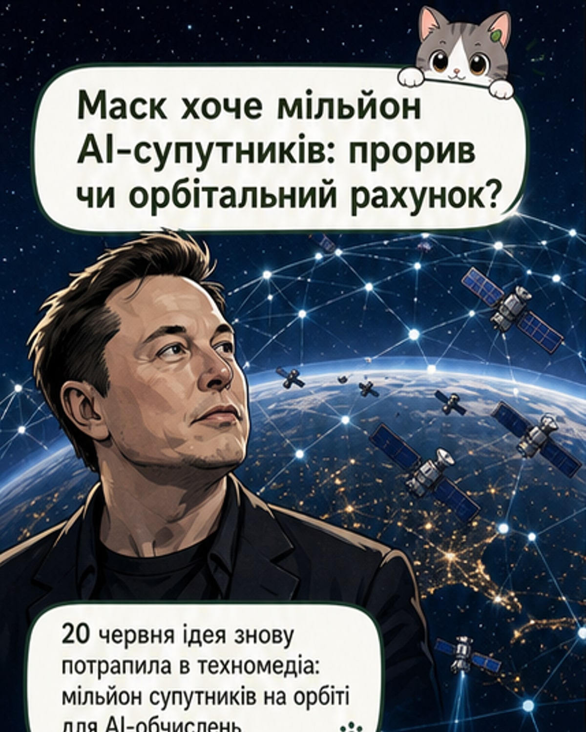 Ілюстрація: супутники з логотипом Starlink обертаються навколо Землі, кожен із них має елементи штучного інтелекту