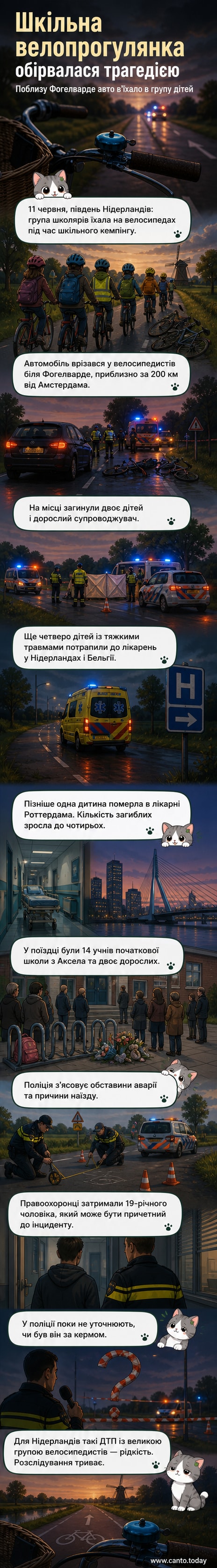 Велосипеди на дорозі після аварії, сліди гальмування, присутні служби екстреної допомоги