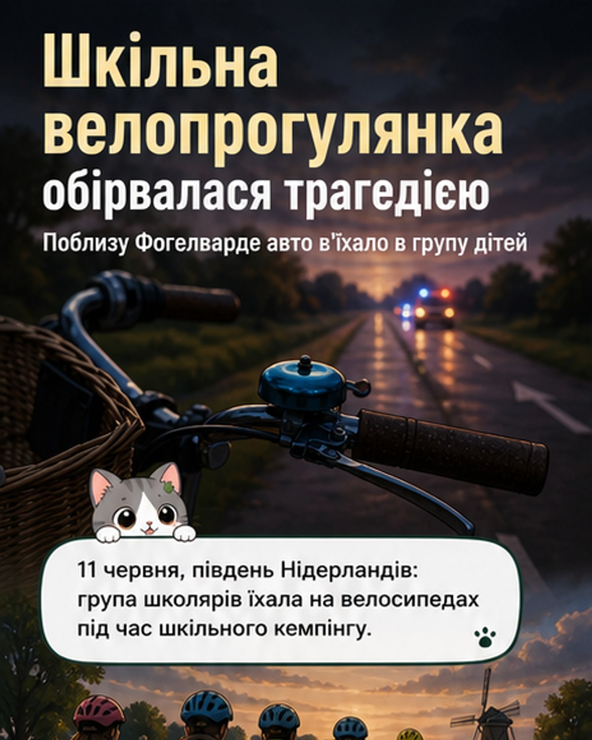Велосипеди на дорозі після аварії, сліди гальмування, присутні служби екстреної допомоги