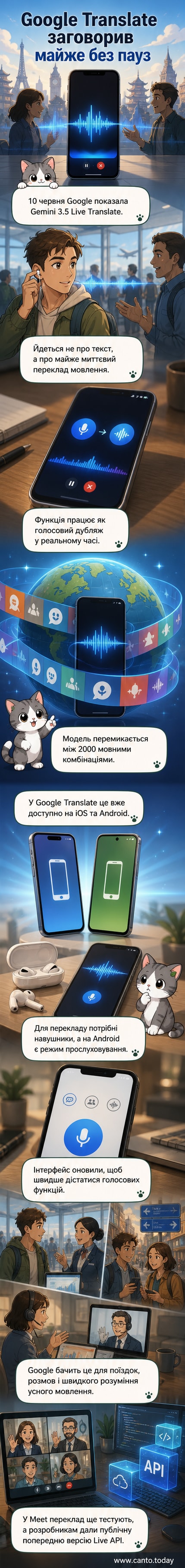 Екран додатку Google Translate з активованим режимом голосового перекладу в реальному часі, показано інтерфейс з двома мовами та індикатором перекладу