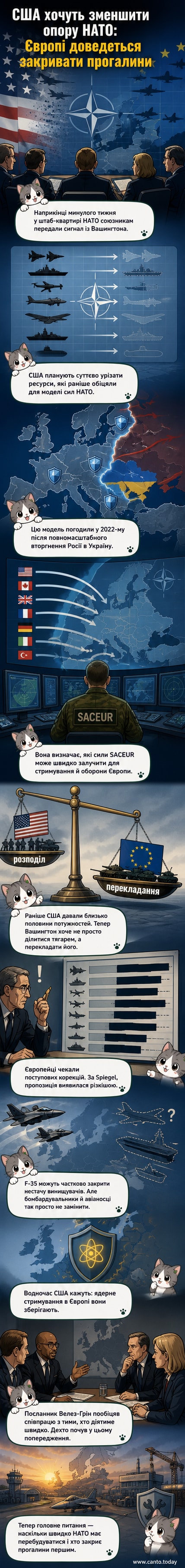 Карта Європи з позначками військових баз НАТО, на тлі силуетів американських винищувачів і кораблів, що відходять у напрямку Атлантики