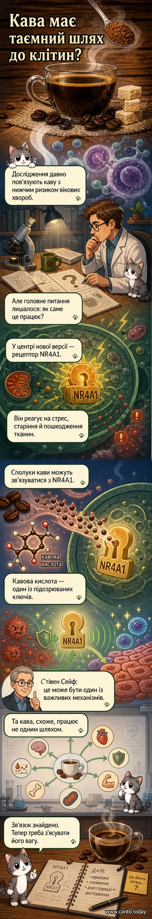 Візуалізація молекул кави, що взаємодіють з білком NR4A1 у клітині, на тлі чашки кави