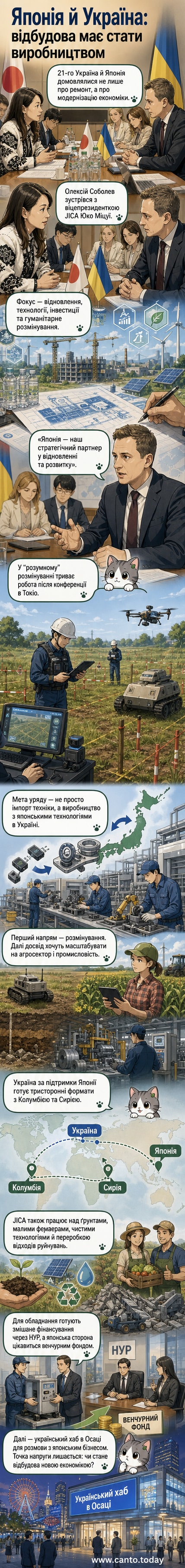 Зустріч українського міністра економіки Олексія Соболєва з віцепрезиденткою JICA Юко Міцуї на тлі прапорів України та Японії, з елементами технологічних схем відновлення та розмінування.