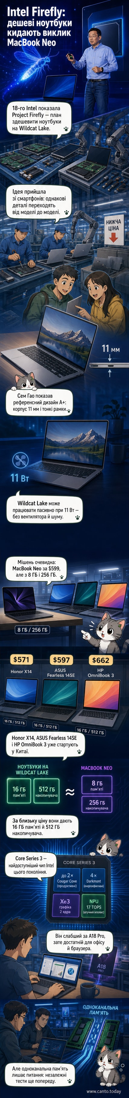 Ілюстрація двох тонких ноутбуків поруч — один з логотипом Intel, інший — Apple, порівняння цін і характеристик на тлі фону з електронними компонентами.
