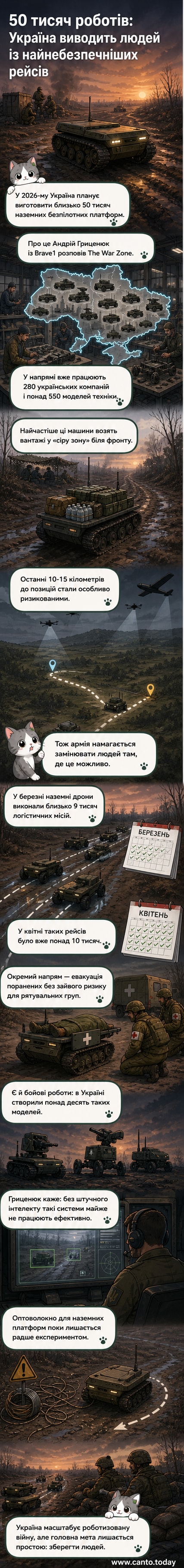 Стилізований зображення українського наземного дрона з прапором, що рухається полем, на тлі лінії фронту