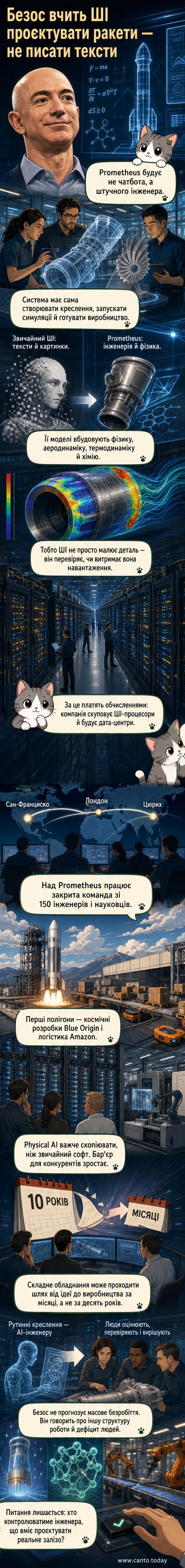 Ілюстрація: штучний інтелект у формі цифрового інженера проектує ракету, аналізуючи фізичні параметри та креслення на фоні дата-центру.