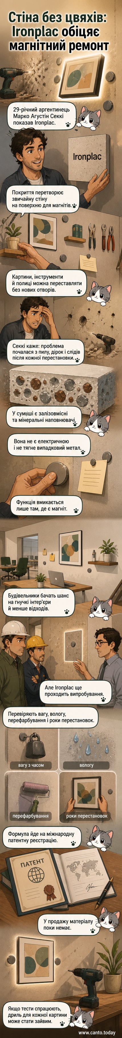 Ілюстрація: стіна з магнітним цементом, до якої прикріплені рамка з картиною, ключі та інструменти за допомогою магнітів