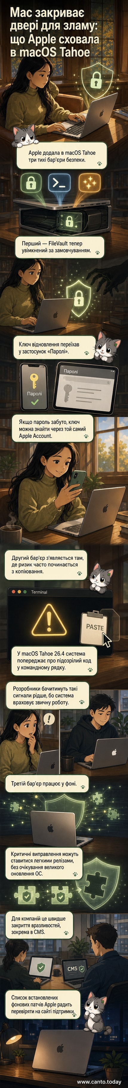 Ілюстрація: Macbook із замком на екрані, навколо — елементи захисту: щит, ключ FileVault, попередження про термінал, стрілки фонового оновлення.