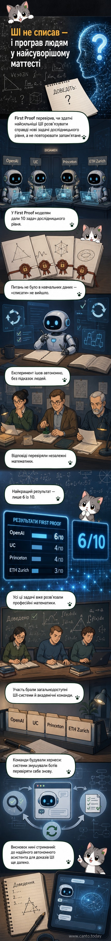 Колаж із зображенням цифрового мозку та математичних формул, що символізує випробування штучного інтелекту в складних математичних задачах