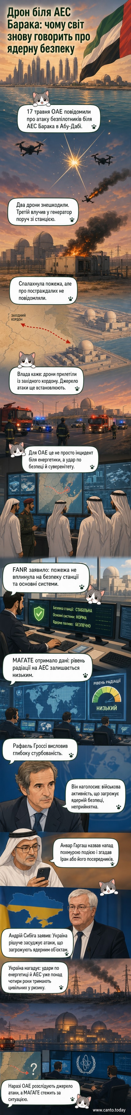 Ілюстрація: нічна сцена біля атомної електростанції Барака в ОАЕ, в небі — силуети дронів, біля будівлі — полум'я від вибуху генератора, внизу — військові та служби екстреної допомоги на позиції.