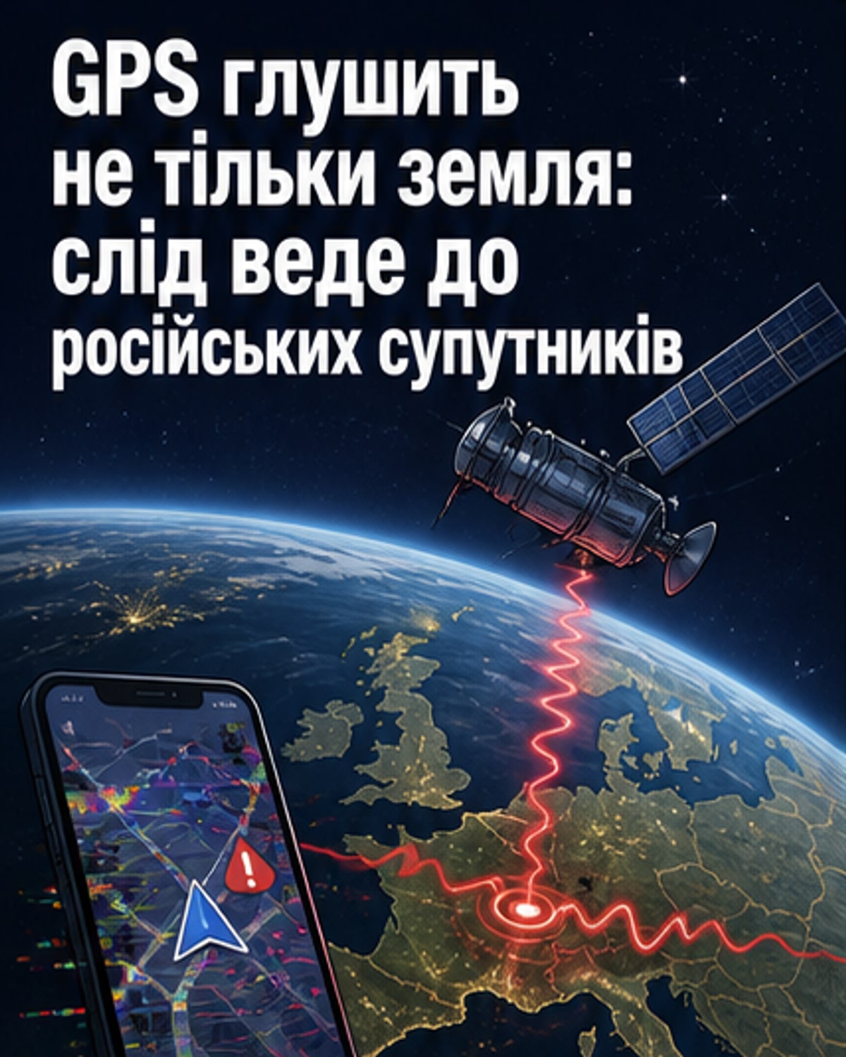 Ілюстрація: супутник на орбіті типу «Молнія» випромінює сигнали, які перетинаються з GPS-мережею Європи, з позначками місць збоїв